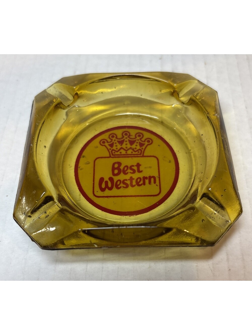 Vintage Best Western Ash Tray Hotel Motel Glass Ashtray Amber Square Crown 3.5"